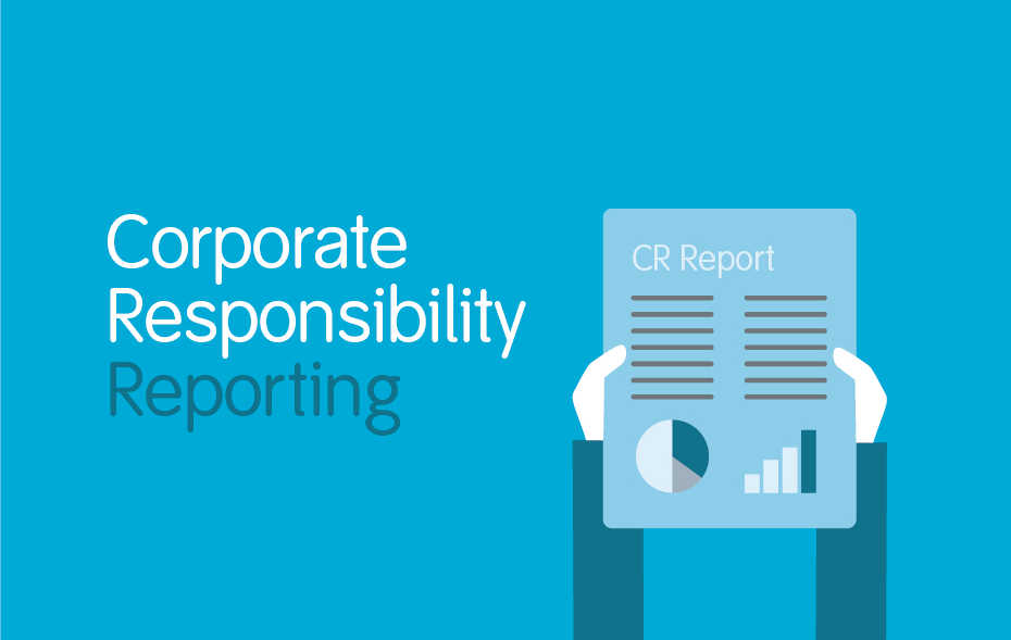 this is an illustration of a pair of hands holding a report, next to the tile corporate responsibility reporting