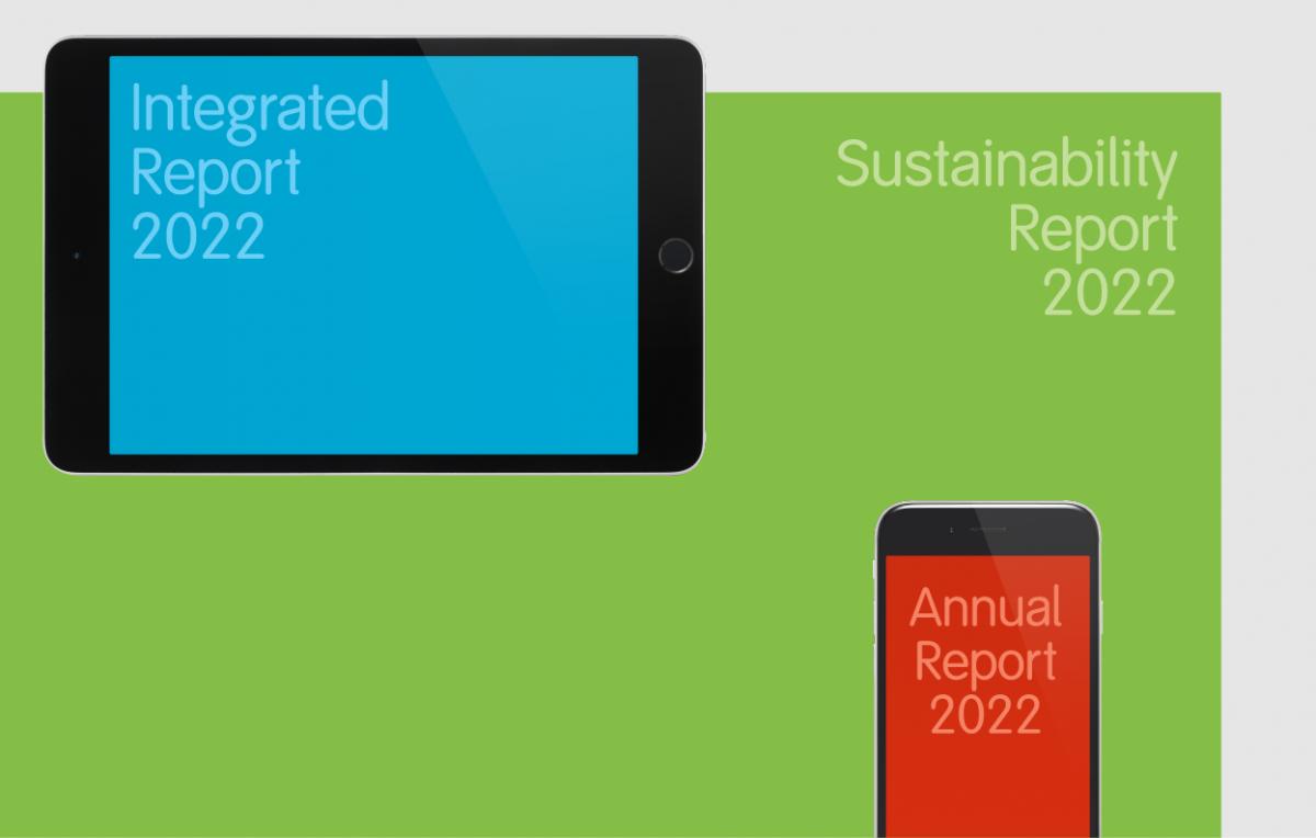 a cartoon illustration of an ipad and phone on a green background. Across the tablet, background and phone reads "integrated report 2022, sustainability report 2022 and annual report 2022.
